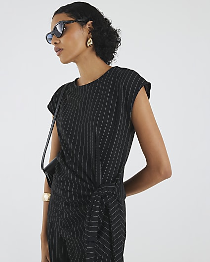 Black Pinstripe Tie Detail Top