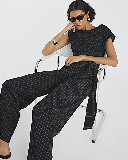 Black Drawstring Pinstripe Trousers