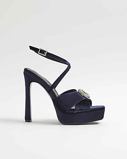 Navy Velvet Buckle Platform Sandal heels