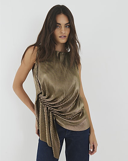 Gold Plisse Drape Detail Top