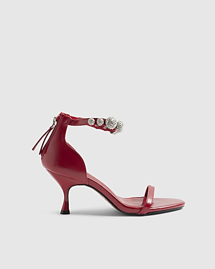 Red Embellished Ankle Strap Heeled Sandals