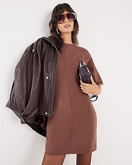 Brown Short Sleeve Mini T-shirt Dress