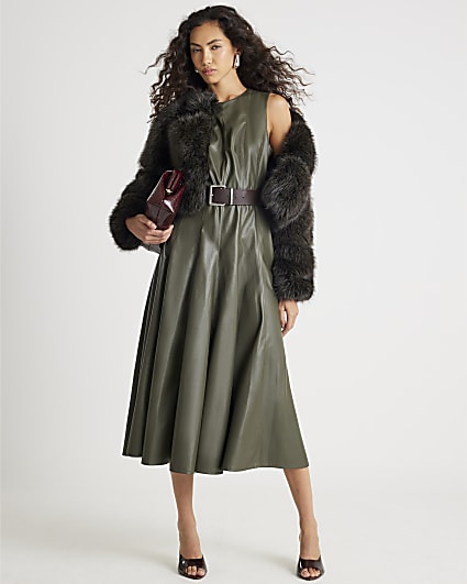 Khaki Faux Leather Midi Dress