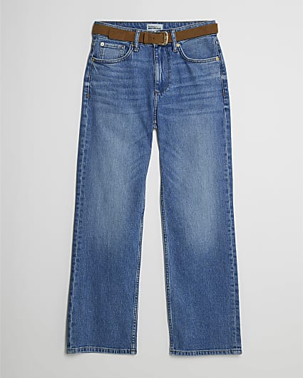 Petite Blue Belted Stretch Straight Leg Jeans
