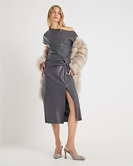 Grey Faux Leather Draped Knot Midi Dress