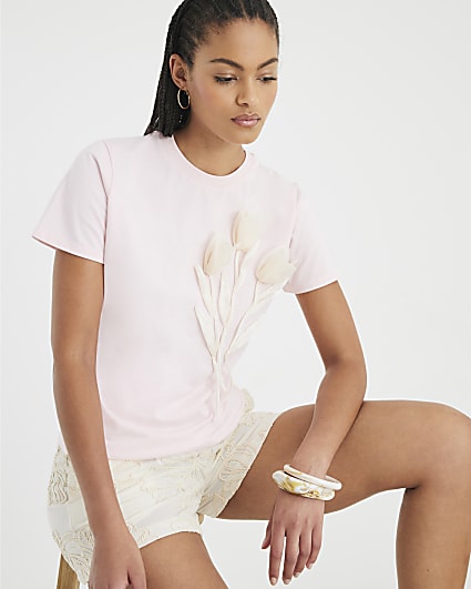 Pink Short Sleeve Organza Flower T-shirt