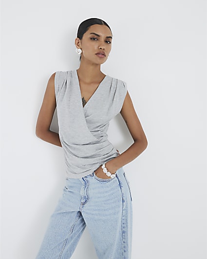 Grey Sleeveless Drape Tank Top