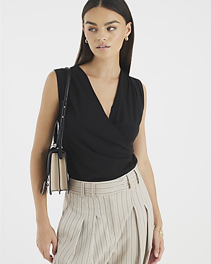 Black Sleeveless Cowl Neck Drape Tank Top