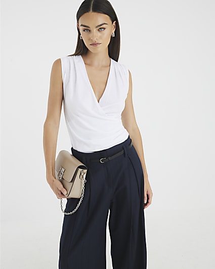 White Sleeveless Cowl Neck Drape Tank Top