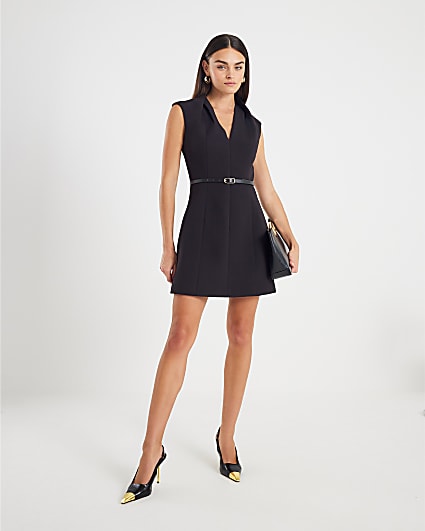 Black Tailored V neck Mini Belted Dress
