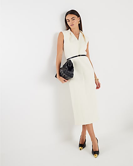 White Midi V Neck Belted Midi Dress