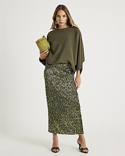 Khaki Long Sleeve Batwing Top