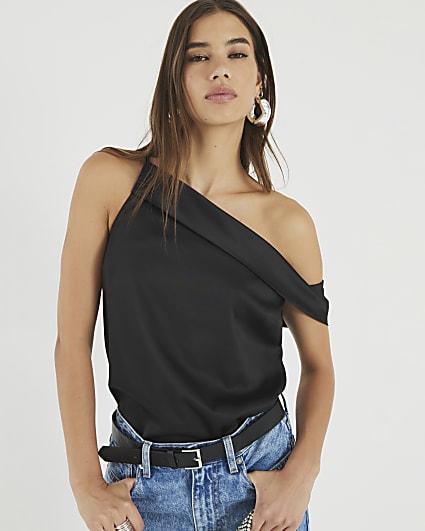 Black Satin One Shoulder Top