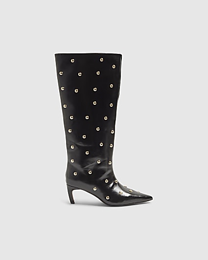 Black Faux Leather Studded High Leg Boots