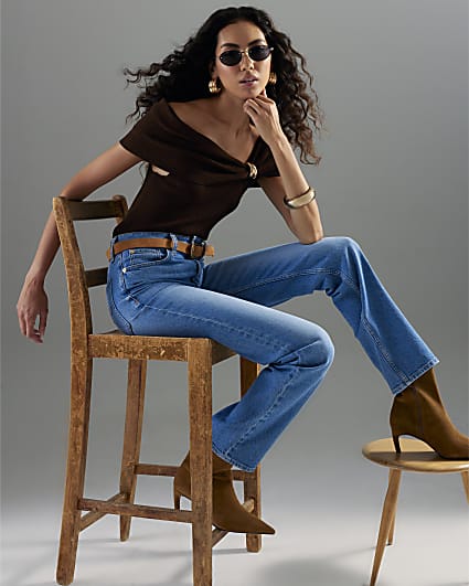 Blue Belted Stretch Straight Leg Jeans