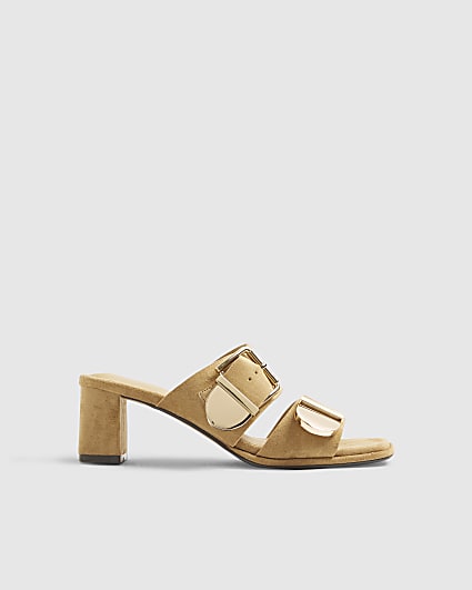 Beige Faux Suede Double Buckle Mule Sandal