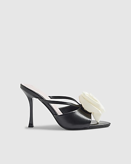 Black Mule Corsage Heeled Sandals