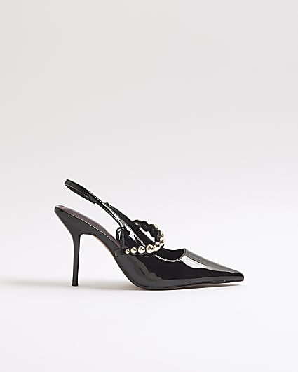 Black Embellished Strap Slingback Court Heels