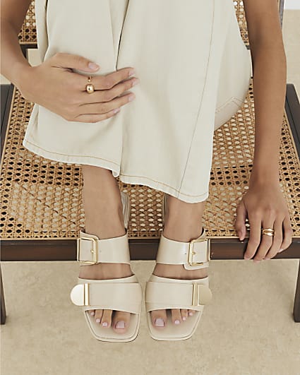 Cream Buckled Flat Sandals