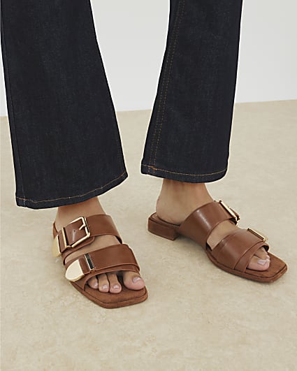 Brown Buckle Detail Flat Sandals