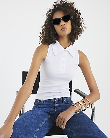 White Sleeveless Button Up Polo Top