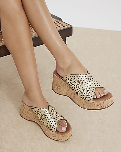 Gold Leather Laser Cut Wedge Sandals