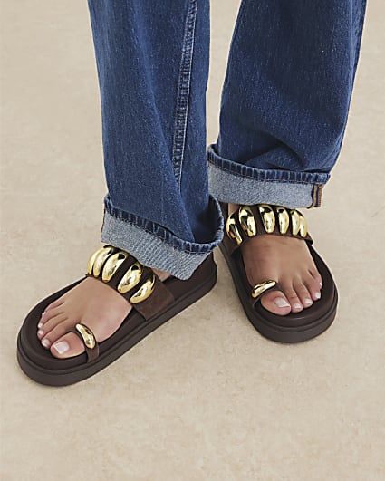 Brown Suede Studded Toe Clip Sandals