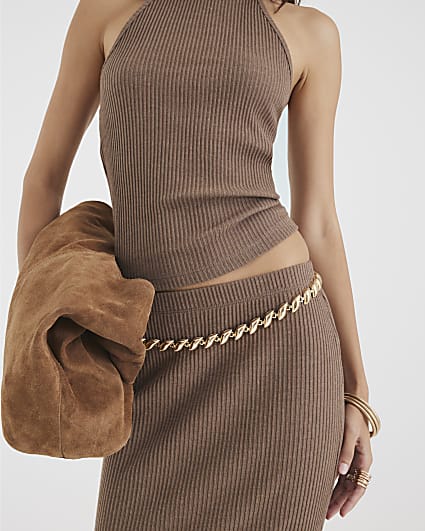 Brown Ribbed Midi Skirt