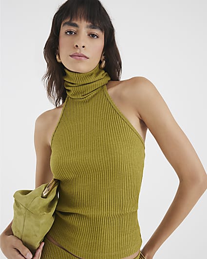 Green Sleeveless Ribbed Roll Neck Halter Top