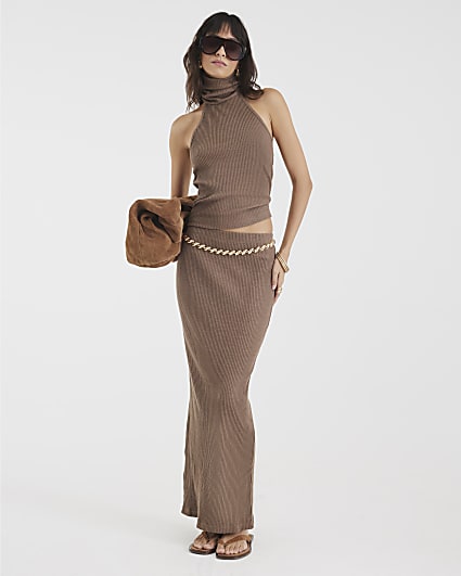 Brown Sleeveless Ribbed Roll Neck Halter Top