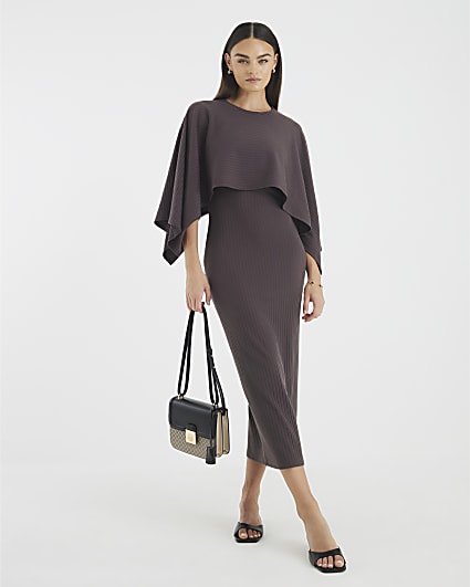 Brown Cape Midi Dress