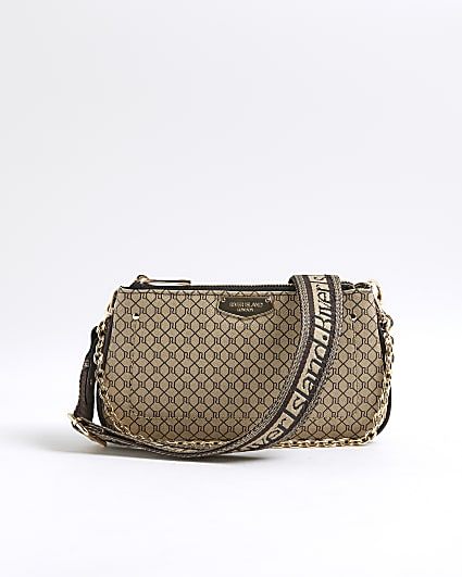Brown Monogram Print Chain Cross Body Bag