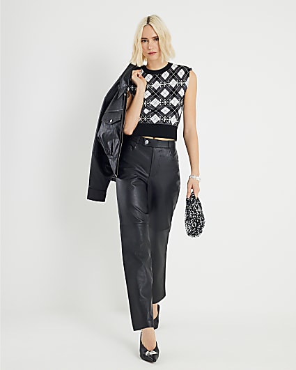 Black Check Shoulder Top