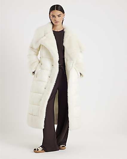 Cream Faux Fur Collar Padded Coat
