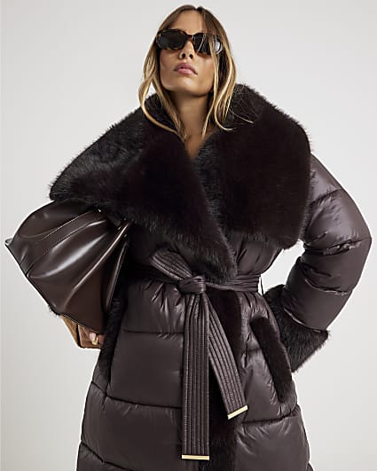 Brown Faux Fur Collar Belted Coat