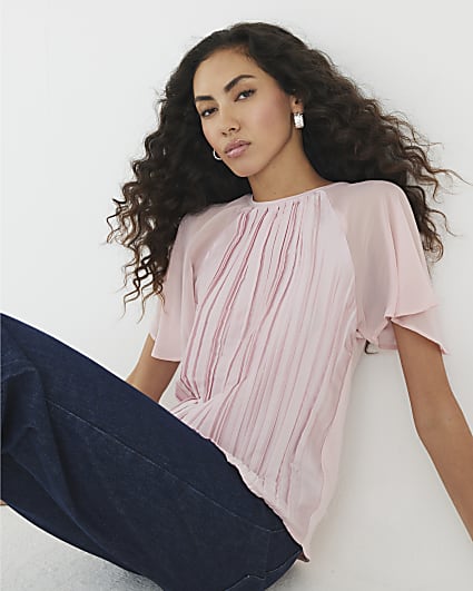Pink Short Sleeve Pleated Hybrid T-shirt