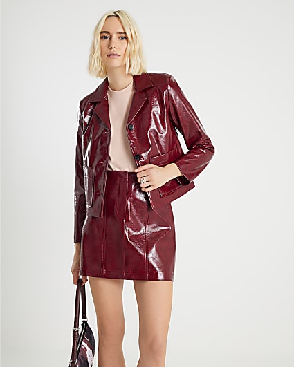 Red Faux Leather Collared Jacket