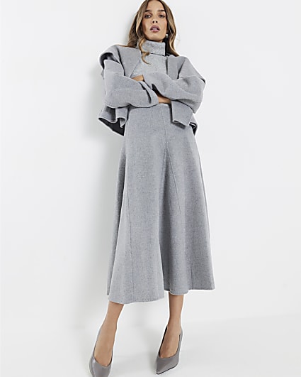 Grey Wool Blend Godet Skirt