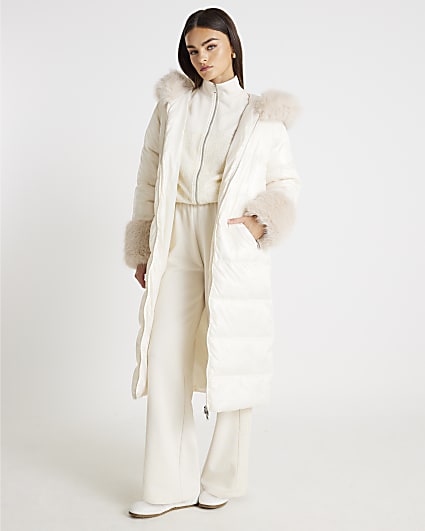 Cream Longline Faux Fur Hooded Coat