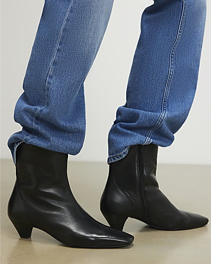 Black Leather Cone Kitten Heel Boots