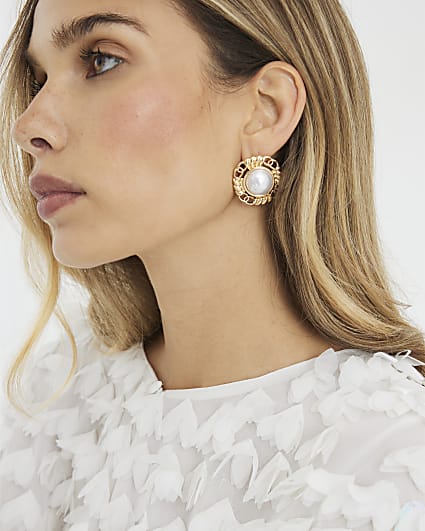 Gold Pearl Surround Stud Earrings