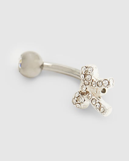 Silver diamante bow belly bar