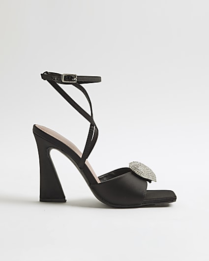 Black Embellished Heart Heeled Sandals