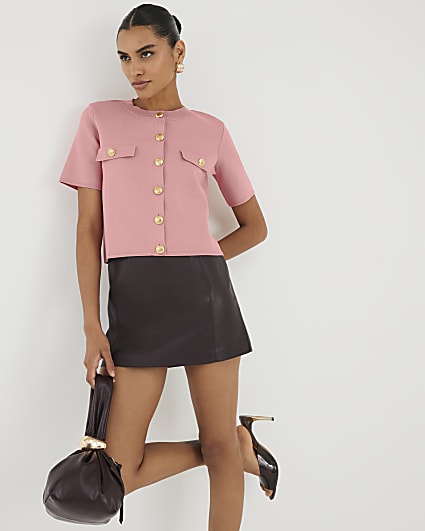 Pink Military Button Knit T-Shirt