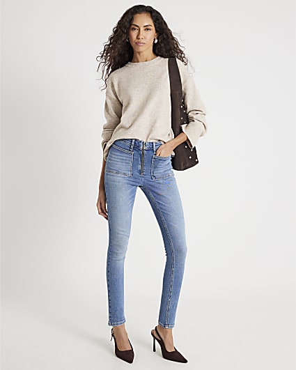 Blue High Rise Zip front Skinny Jeans