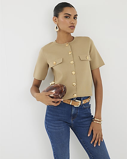 Brown Military Button Detail T-shirt