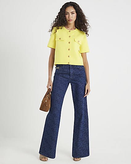 Yellow Knitted Short Sleeve Button Up Top