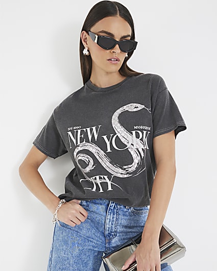 Grey Washed New York Snake Print T-shirt