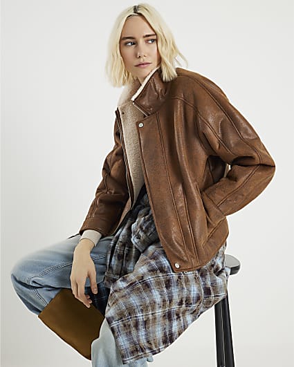 Brown Shearling Trim Biker Jacket