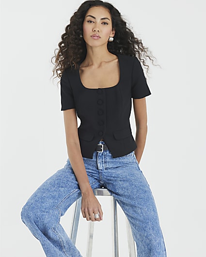 Black Tailored Button Up Top